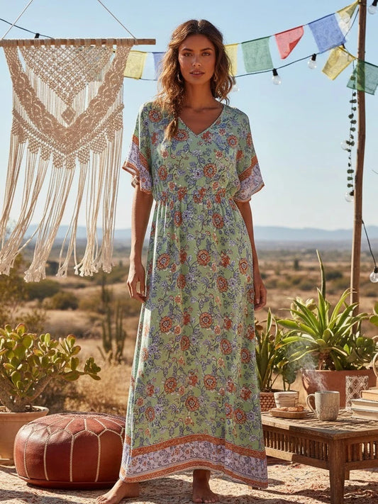 Maxi Dress Ladies V-neck Rayon Cotton Summer Boho Dresses Robe by DERILUJA LLC