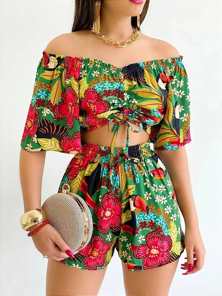 Shoulder Slash Neck T-shirt Shorts Set Office Lady Floral Print Lace Up Short Sleeve Two Piece Set Women Outfit 2026 by DERILUJA LLC