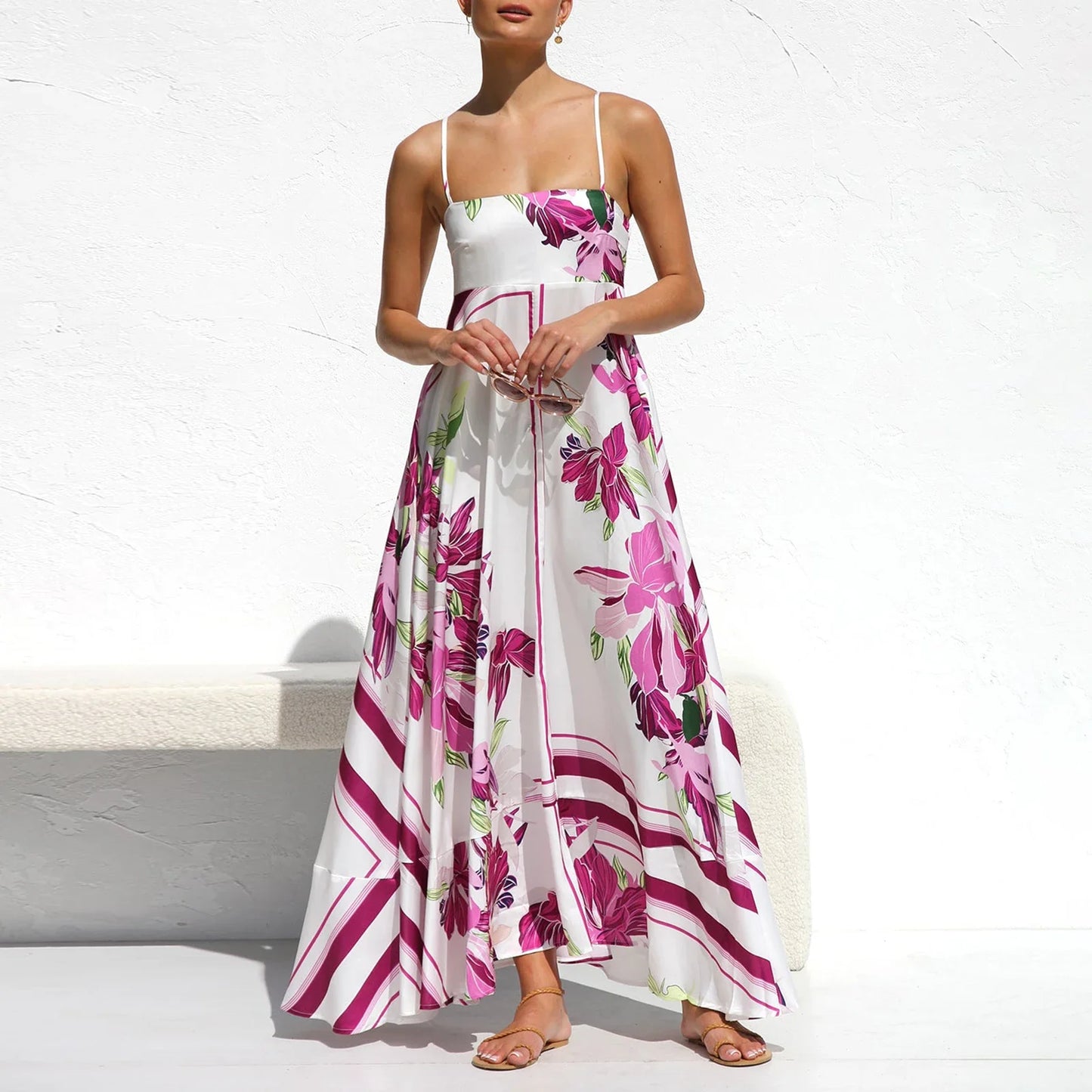Women Sun Long Dress Swing Dress Slip Dress Spaghetti Straps Floral Backless Dresses Summer Lady Elegant Holiday Outfits by DERILUJA LLC
