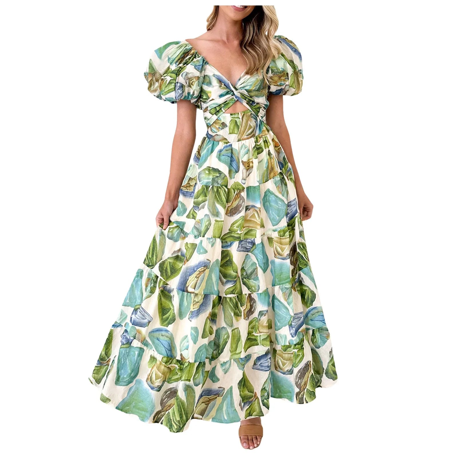 Summer V Neck Cutout Floral Print Dresses Elegant Women Puff Short Sleeve Casual Dress Pleated Waisted Swing Beach Long Dress 2026 by DERILUJA LLC