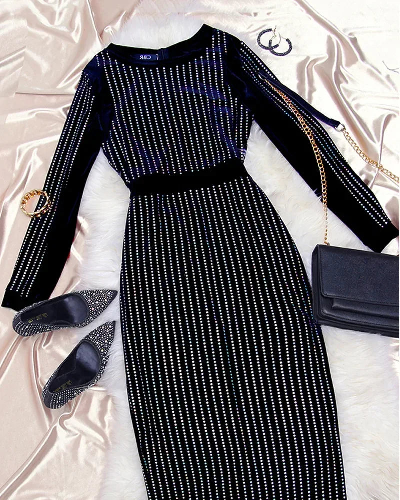 2026 Sequin Round Neck Women Dress Striped Solid Splice Party by DERILUJA LLC