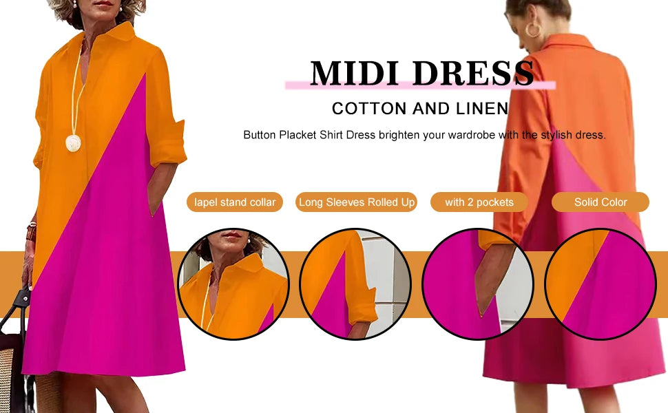 Autumn Elegant Long Sleeve Plaid Shirt Dress Flip Lapel Single Breasted Patchwork Dress Women's Comfortable Commuter Casual Robe by DERILUJA LLC