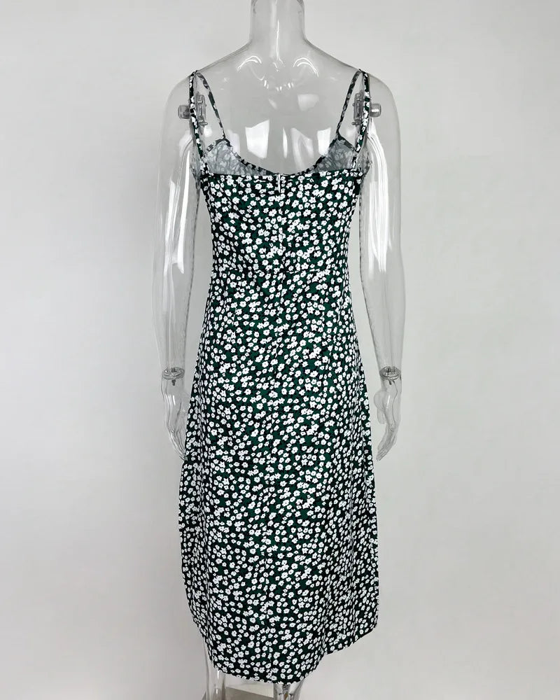Flower Printed Spaghetti Strap Dresses For Women Low Cut Beach Party Slim Slit Dress Chic Bodycon Lady Sleeveless Vestidos by DERILUJA LLC