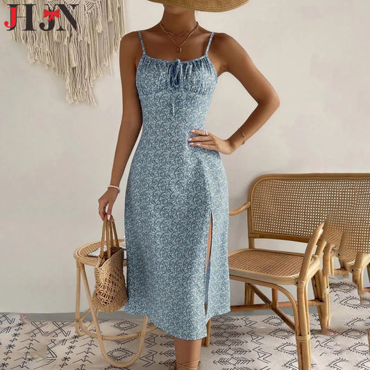 Dress Beach Style Floral Print Frock Lace-Up V-Neck Ruched Skirt Slit Hem Female Vestido by DERILUJA LLC