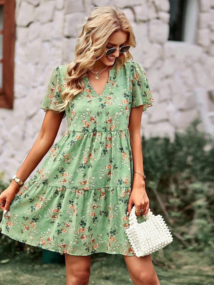 Spring Summer Fashion Women V Neck Short Sleeve Loose Chic Floral Printed Dress by DERILUJA LLC
