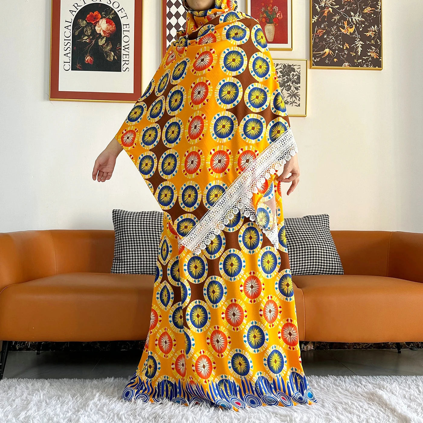 Cotton Summer Sleeveless Dress Print Floral Loose Women Casual Robe With Big Scarf by DERILUJA LLC