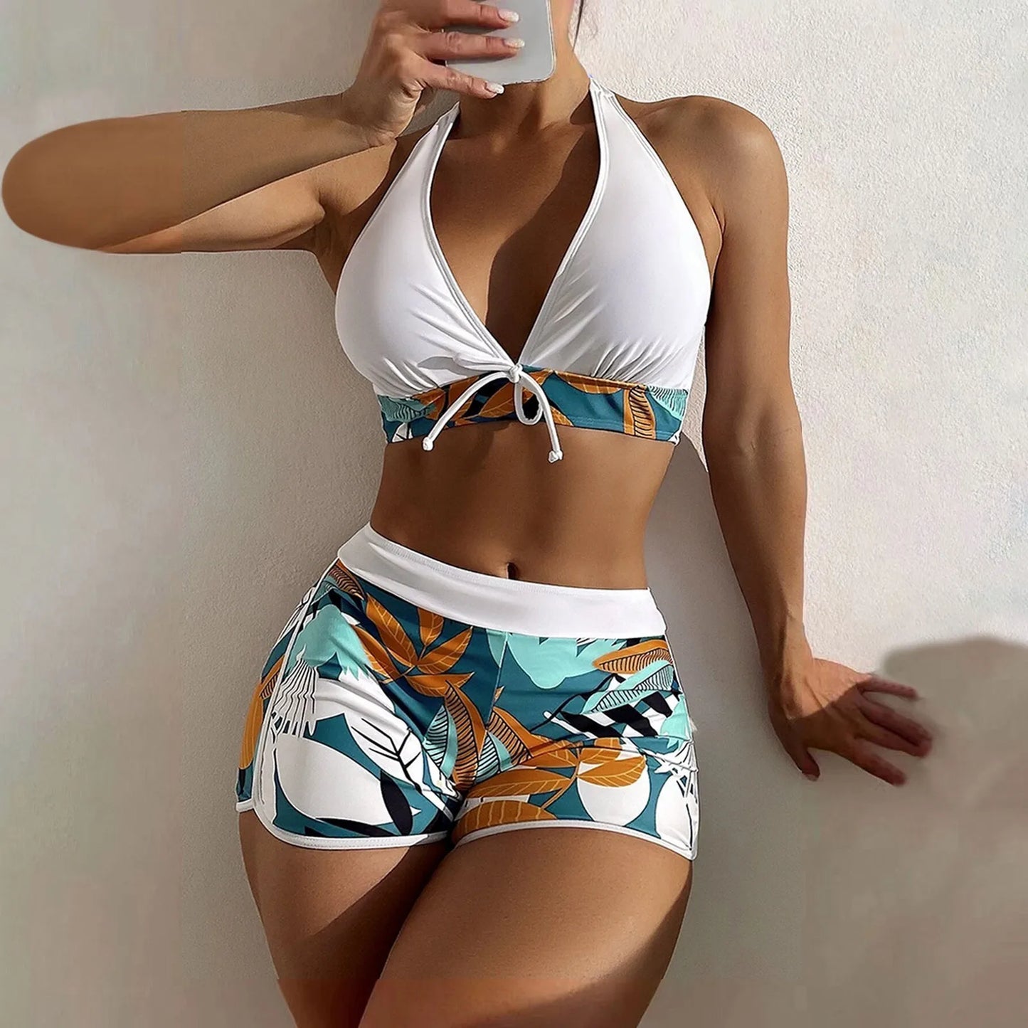 Women's Paneled Printed Swimsuit Ladies Fashion High Waist Swimsuit Two-Piece Set V-Neck Bathing Suits Female by DERILUJA LLC