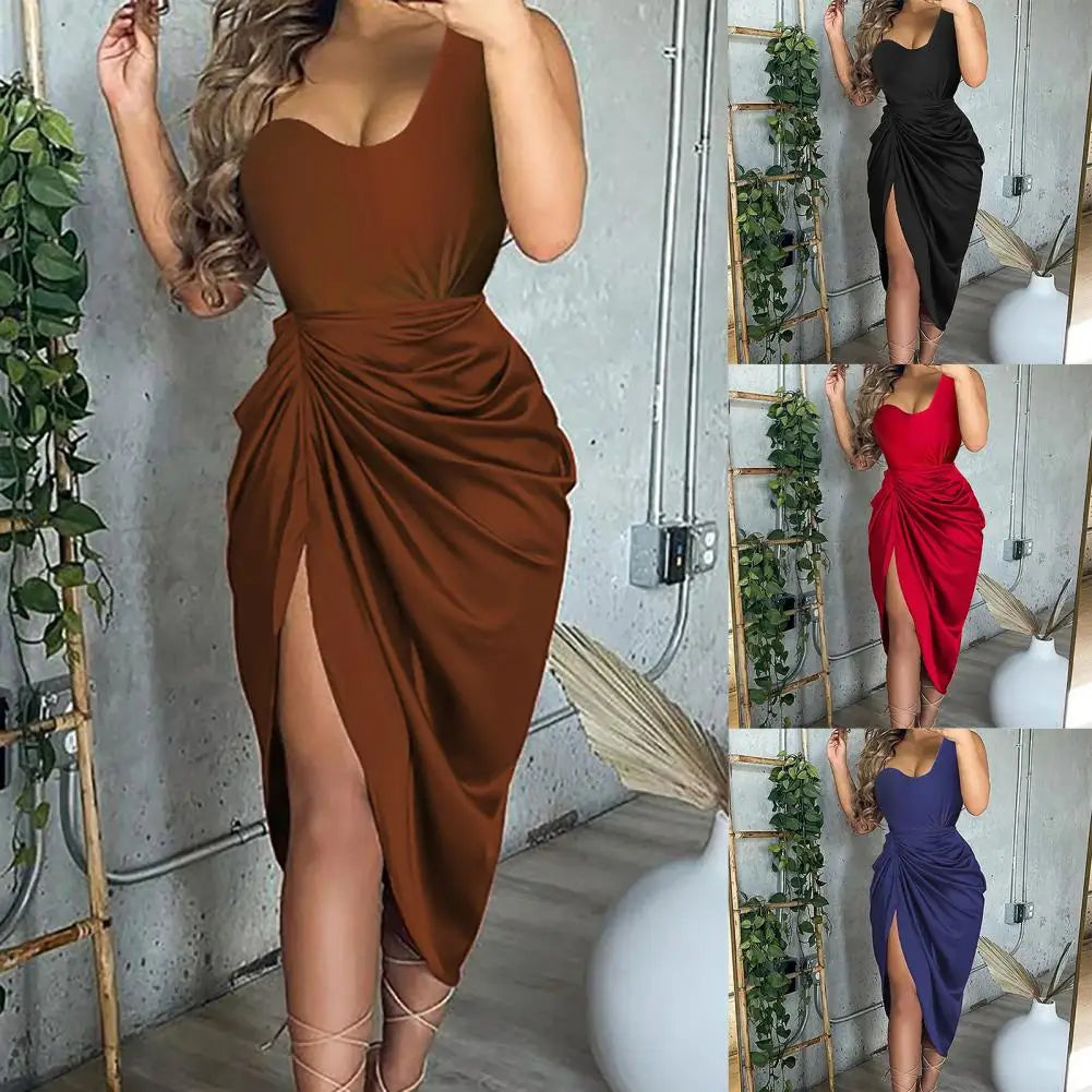 Summer Women Dress Spaghetti Strap Draped High Cut Bodycon Lady Dress Satin One Shoulder by DERILUJA LLC
