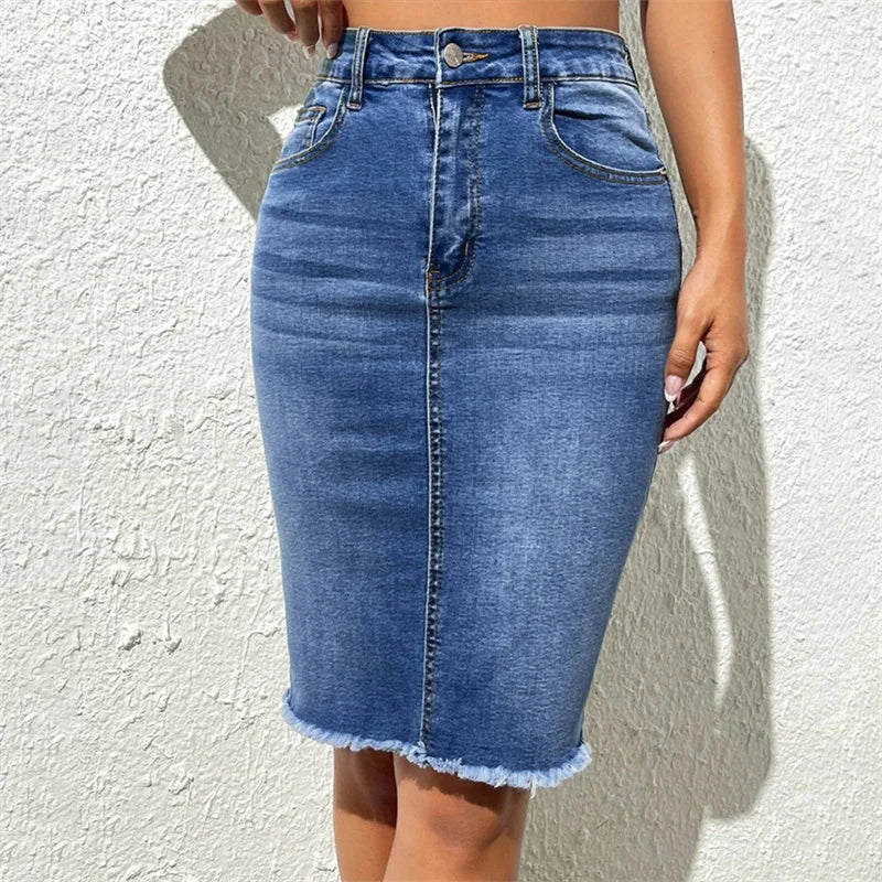 Fashion High Waist Denim Skirt Women Tassel Decoration Hem Wrap Hip Half-body Dress Female Summer Daily Casual Trend Streetwear by DERILUJA LLC