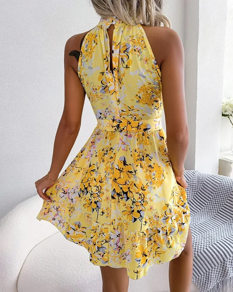 Spring Summer Floral Halter Neck Short Dresses Holiday Beach Sundress Casual Halter Short Dresses Clothes Women by DERILUJA LLC