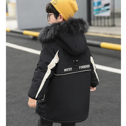 3 -14 Years Very Keep Warm Winter Boys Jacket 2023 Teenager Mid-Length Plus Velvet Thick Fur collarHooded Cotton Coat For Kids