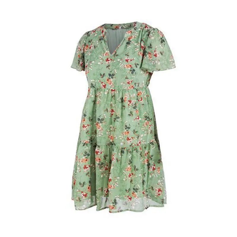 Spring Summer Fashion Women V Neck Short Sleeve Loose Chic Floral Printed Dress by DERILUJA LLC