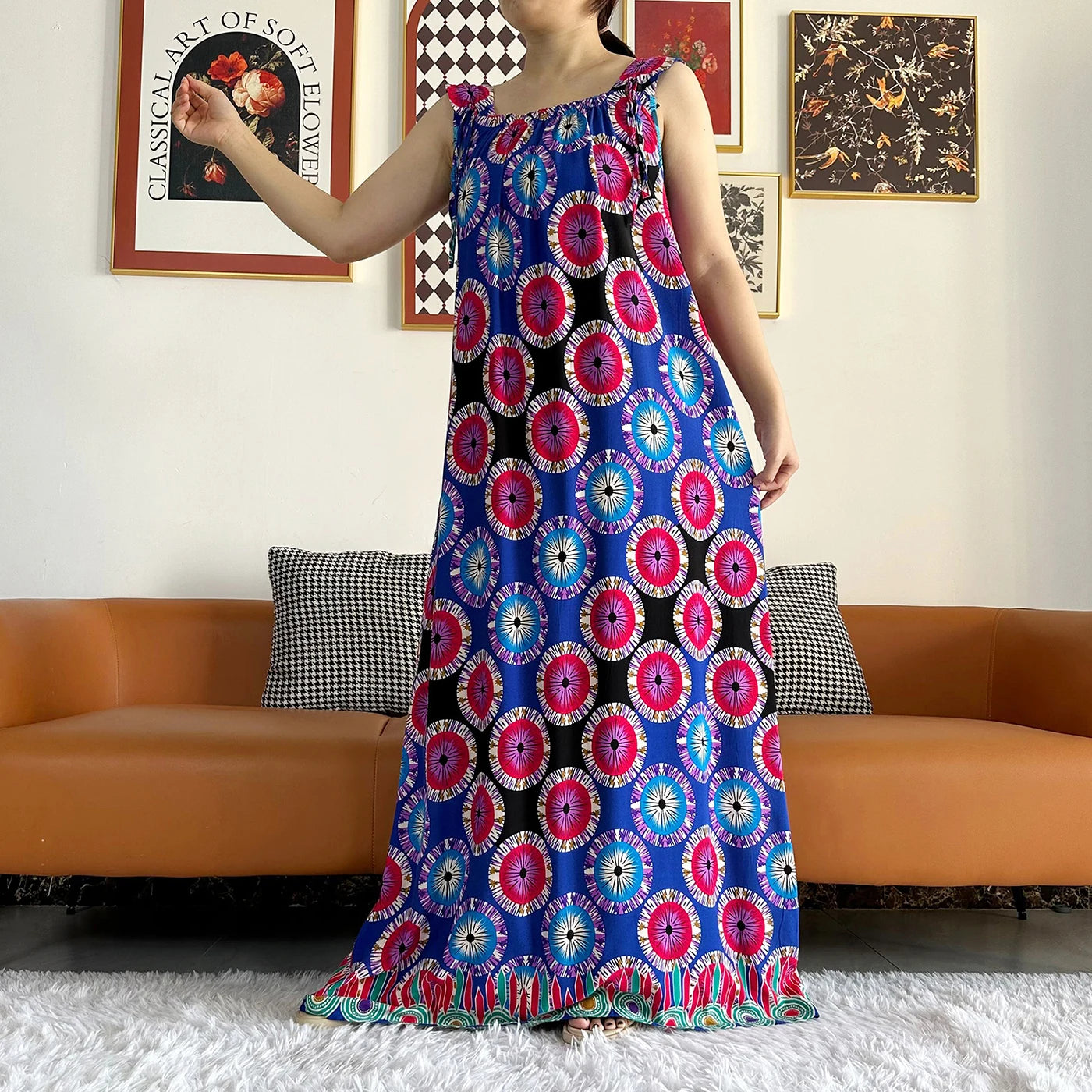 Cotton Summer Sleeveless Dress Print Floral Loose Women Casual Robe With Big Scarf by DERILUJA LLC