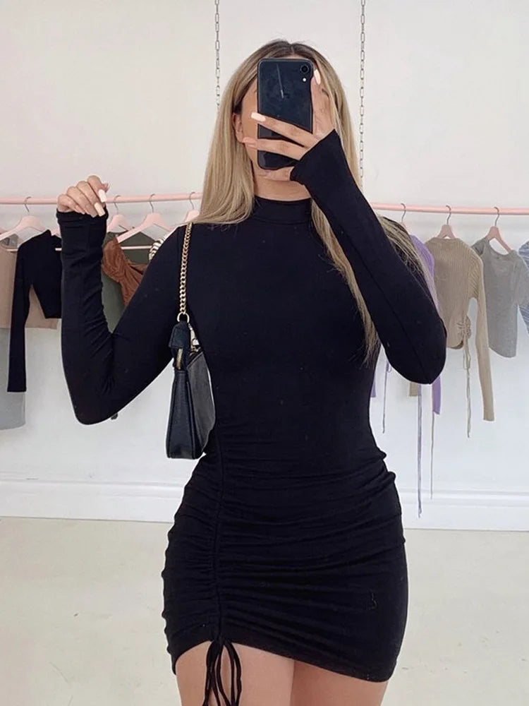 Long Sleeve Mini Dresses Autumn Black Skinny Stretchy Party by DERILUJA LLC