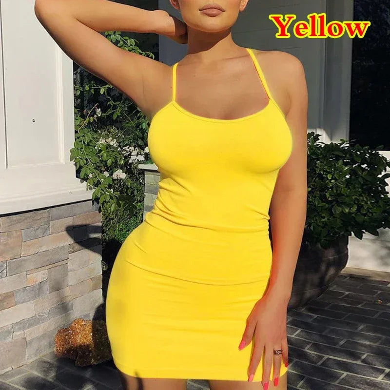 Summer Spaghetti Strap Mini Dress 2026 Women Bodycon Club Party Dresses Short Female Camisole Solid Black Sheath Sundress by DERILUJA LLC