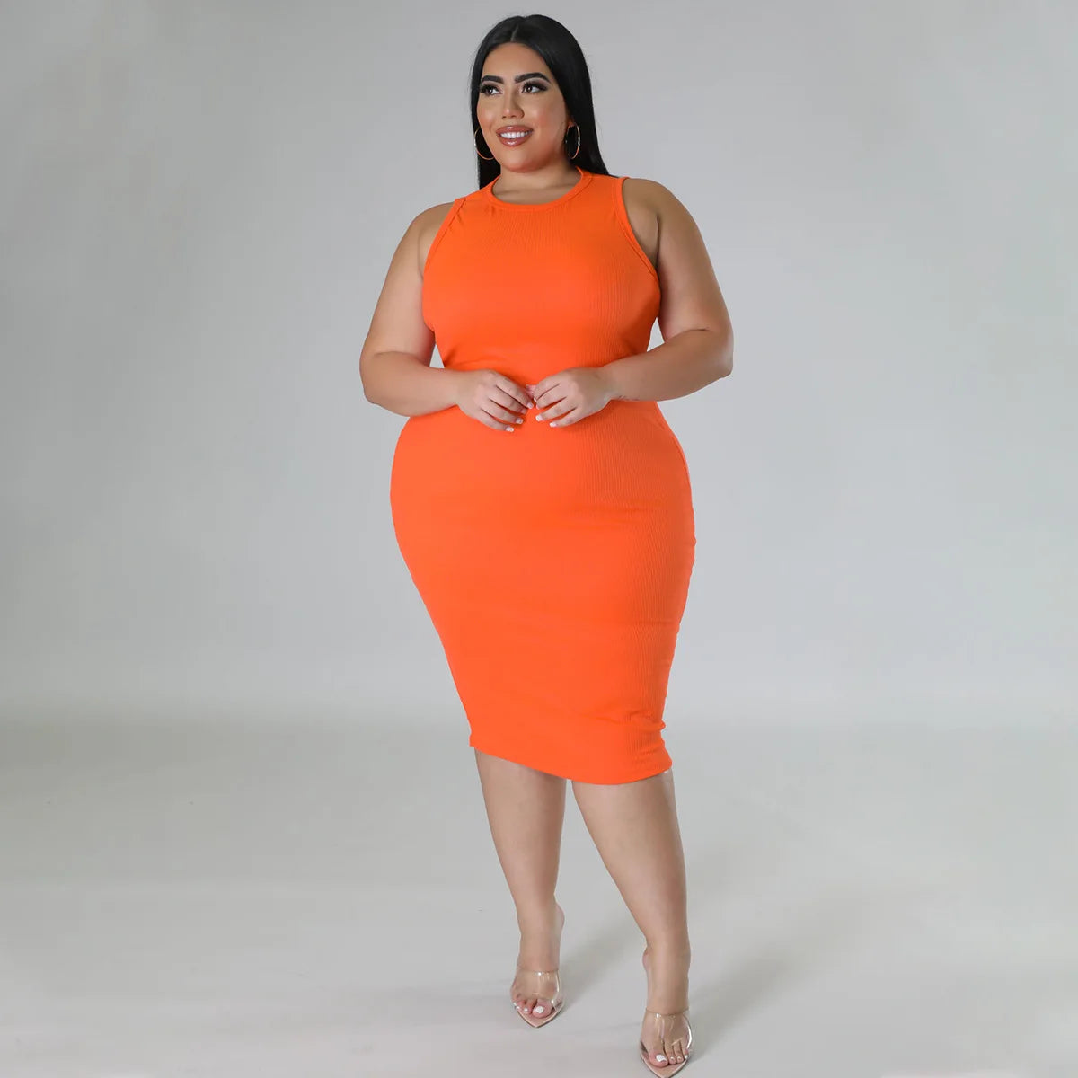 Women Plus size Fashion Sleeveless Knit Ribbed Bodycon Midi Tank Dress by DERILUJA LLC