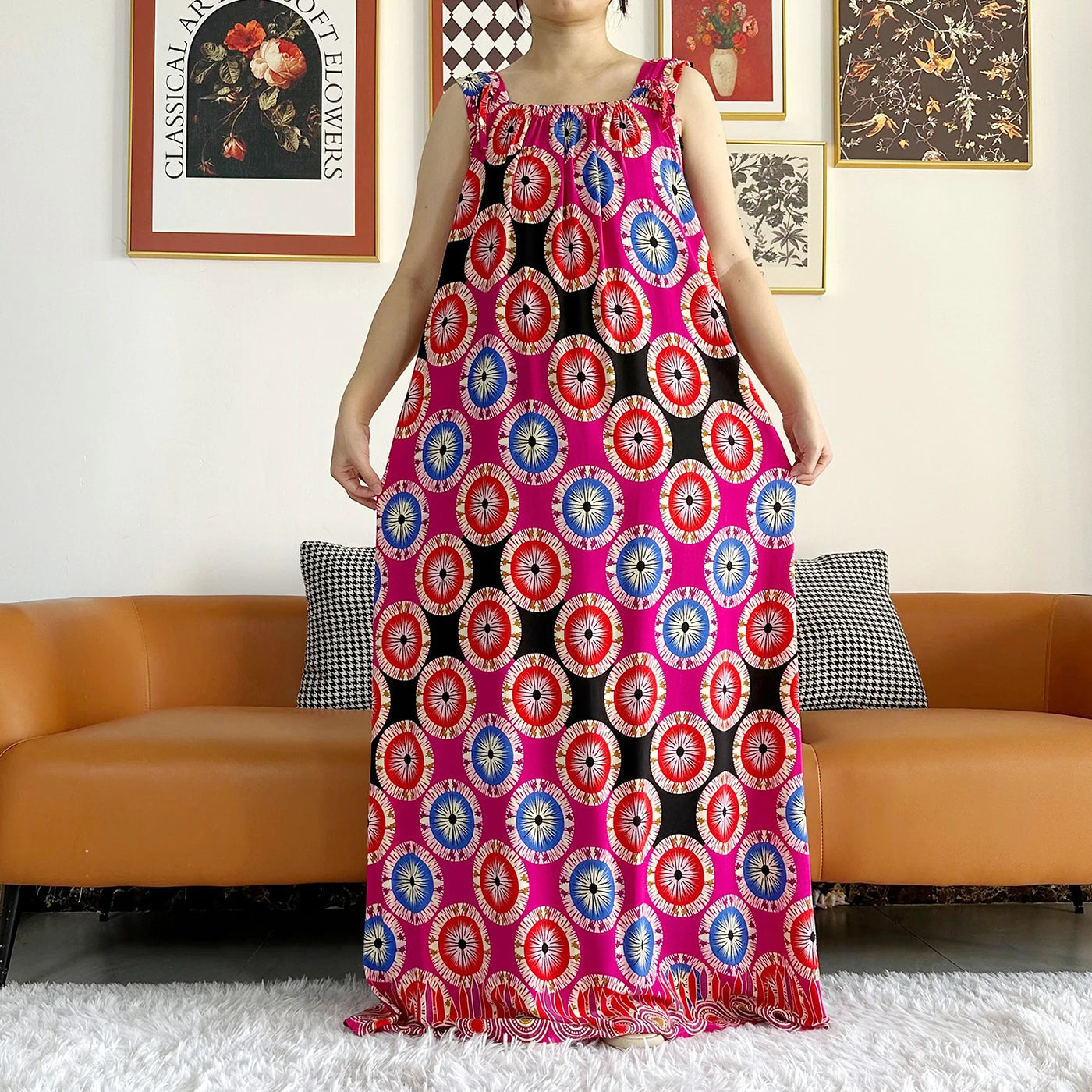 Cotton Summer Sleeveless Dress Print Floral Loose Women Casual Robe With Big Scarf by DERILUJA LLC