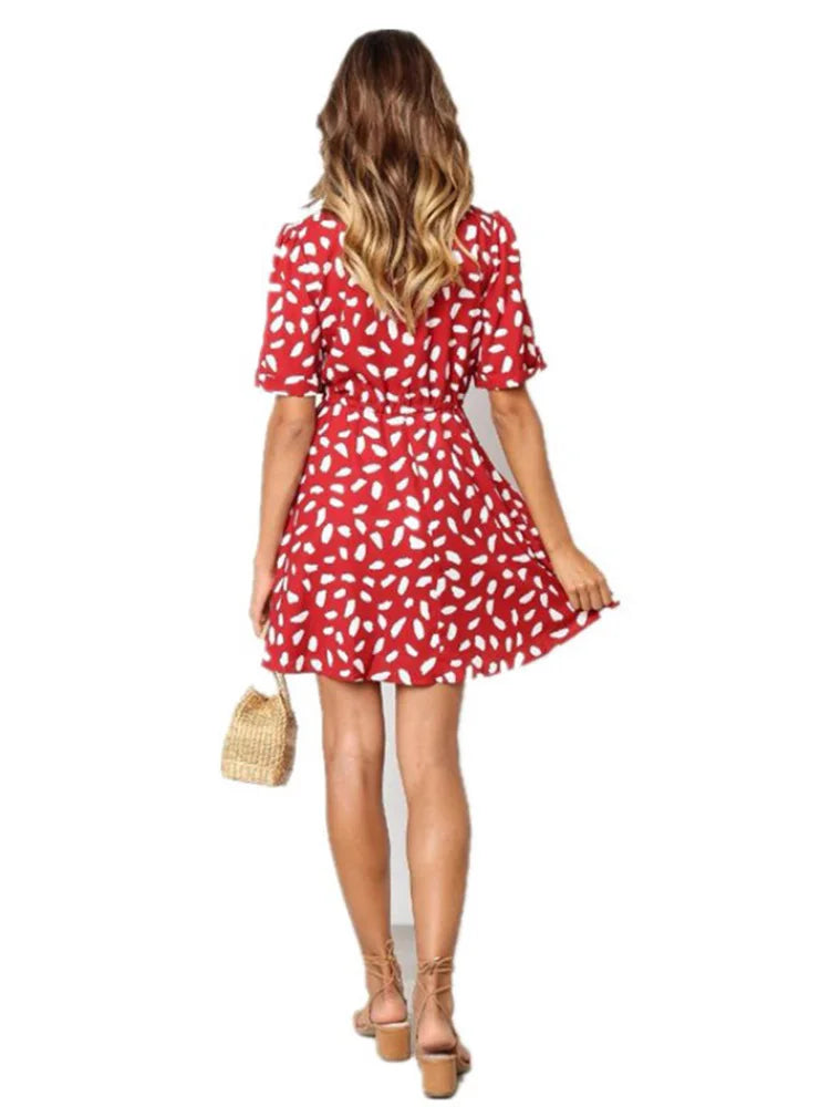 White Sand Spot Mini Summer Women V Neck Casual Beach Sundress Sexy Botton Wrap Bodycon Dress Female by DERILUJA LLC
