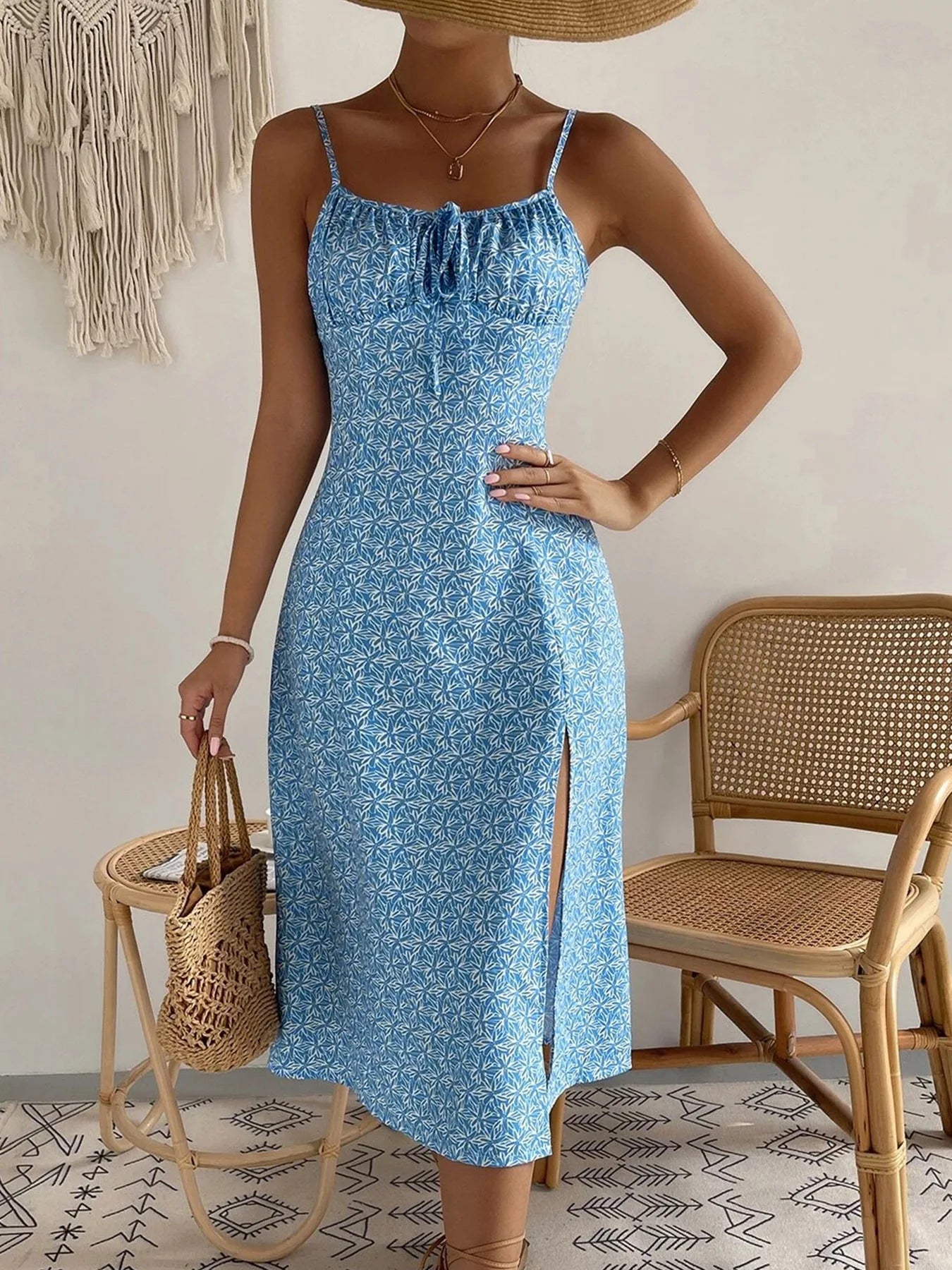 Dress Beach Style Floral Print Frock Lace-Up V-Neck Ruched Skirt Slit Hem Female Vestido by DERILUJA LLC