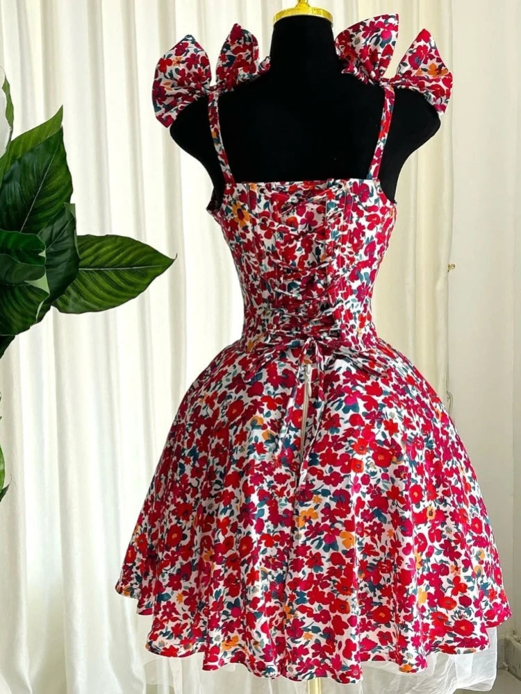 Elegant Floral Print A- Line Mini Dress with Bow Knot High Waist Slimming for Women Spring Season Fashion Casual Skirt