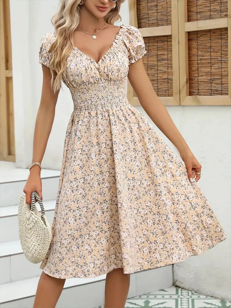 2026 Summer New Vintage Floral Bubble Sleeve French Dress by DERILUJA LLC