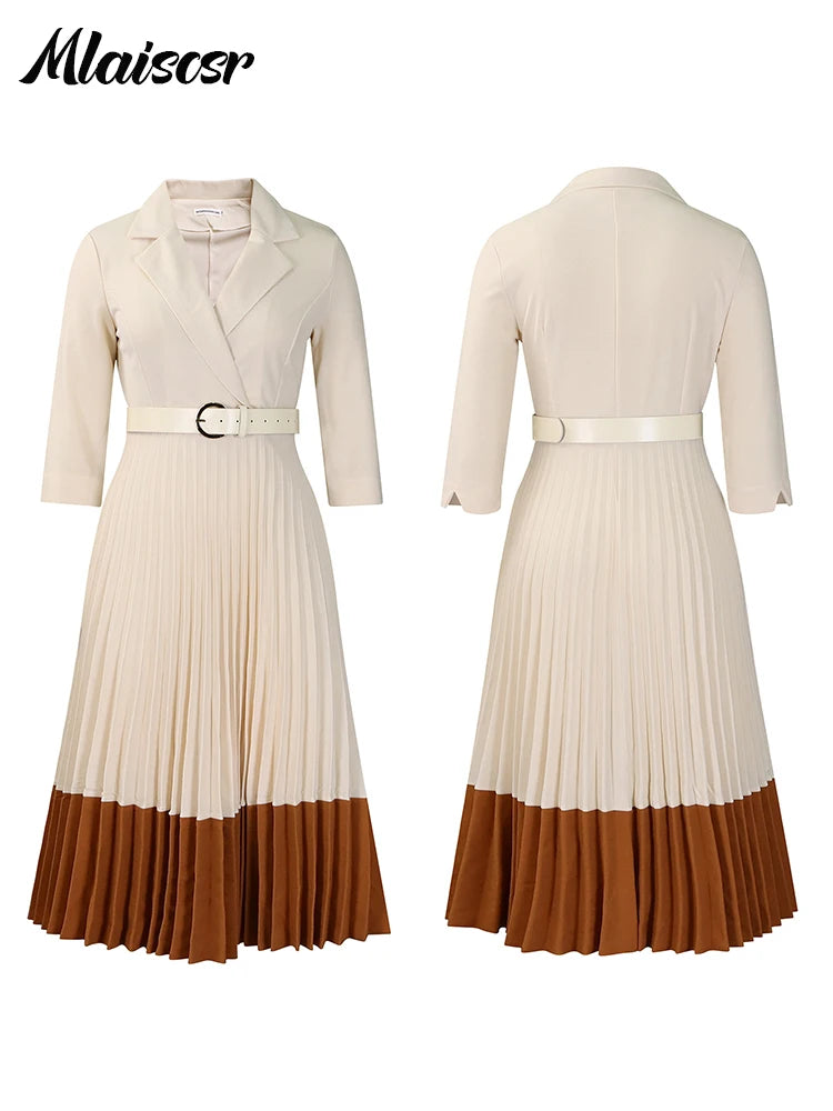 Elegant Long Sleeve Solid High Waist A Line Pleated Dress with Belt Women Office Lady Birthday Evening Vestidos by DERILUJA LLC