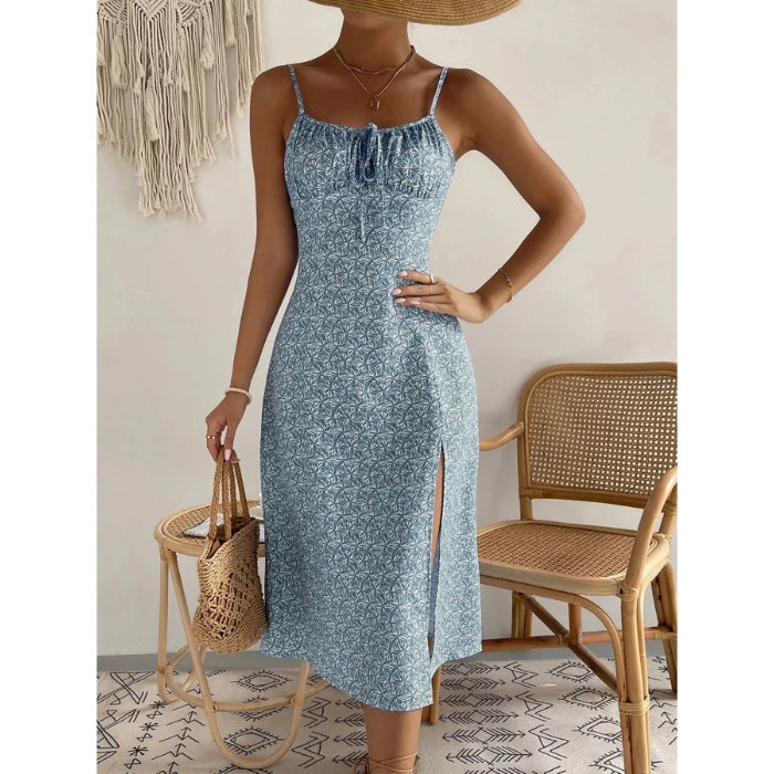 Dress Beach Style Floral Print Frock Lace-Up V-Neck Ruched Skirt Slit Hem Female Vestido by DERILUJA LLC