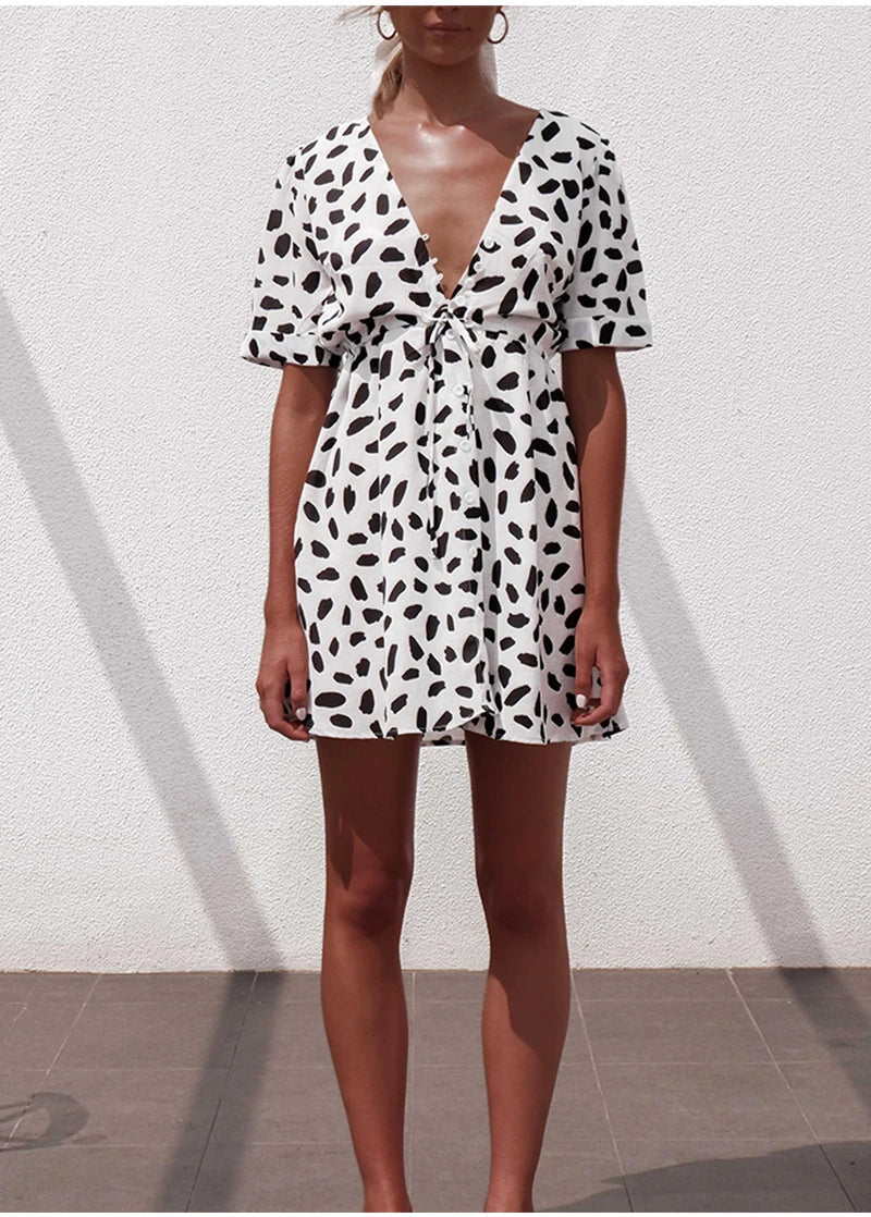 White Sand Spot Mini Summer Women V Neck Casual Beach Sundress Sexy Botton Wrap Bodycon Dress Female by DERILUJA LLC