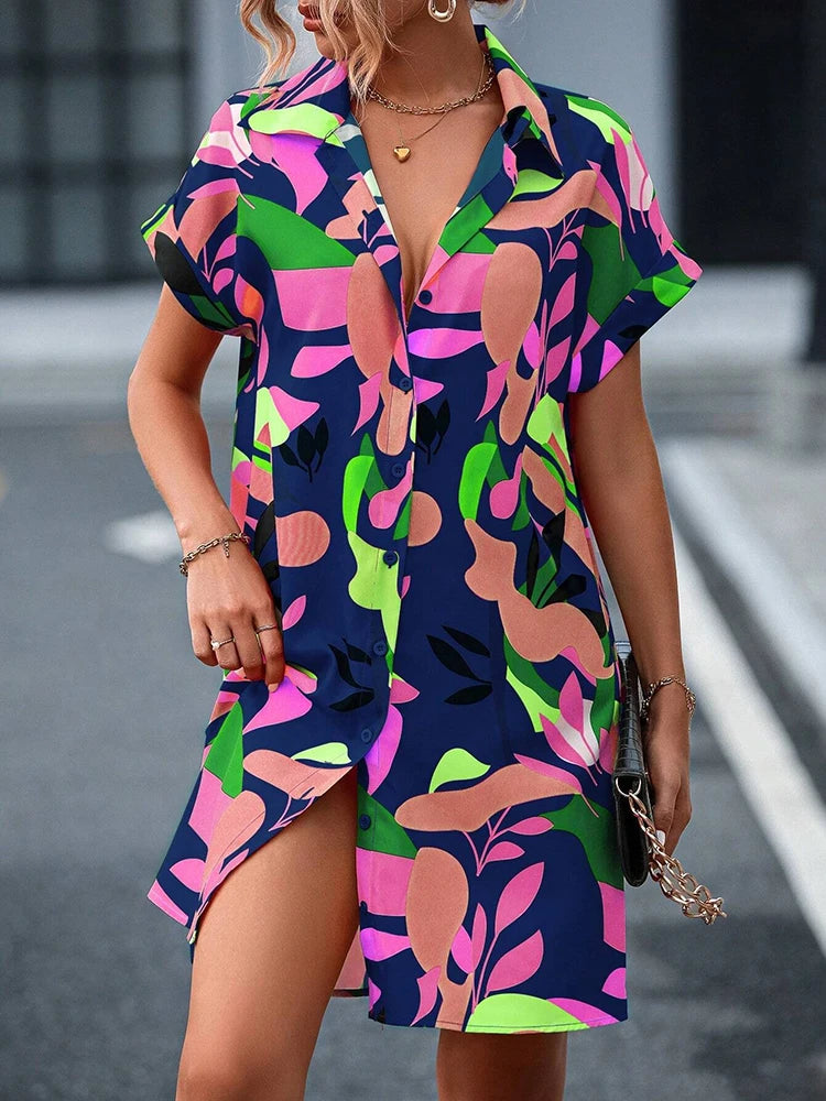 New Fashion Everyday Casual Ladies Short-sleeved Lapel Print Dress City Trend Single-breasted Dress 3D Printed Art Dress by DERILUJA LLC