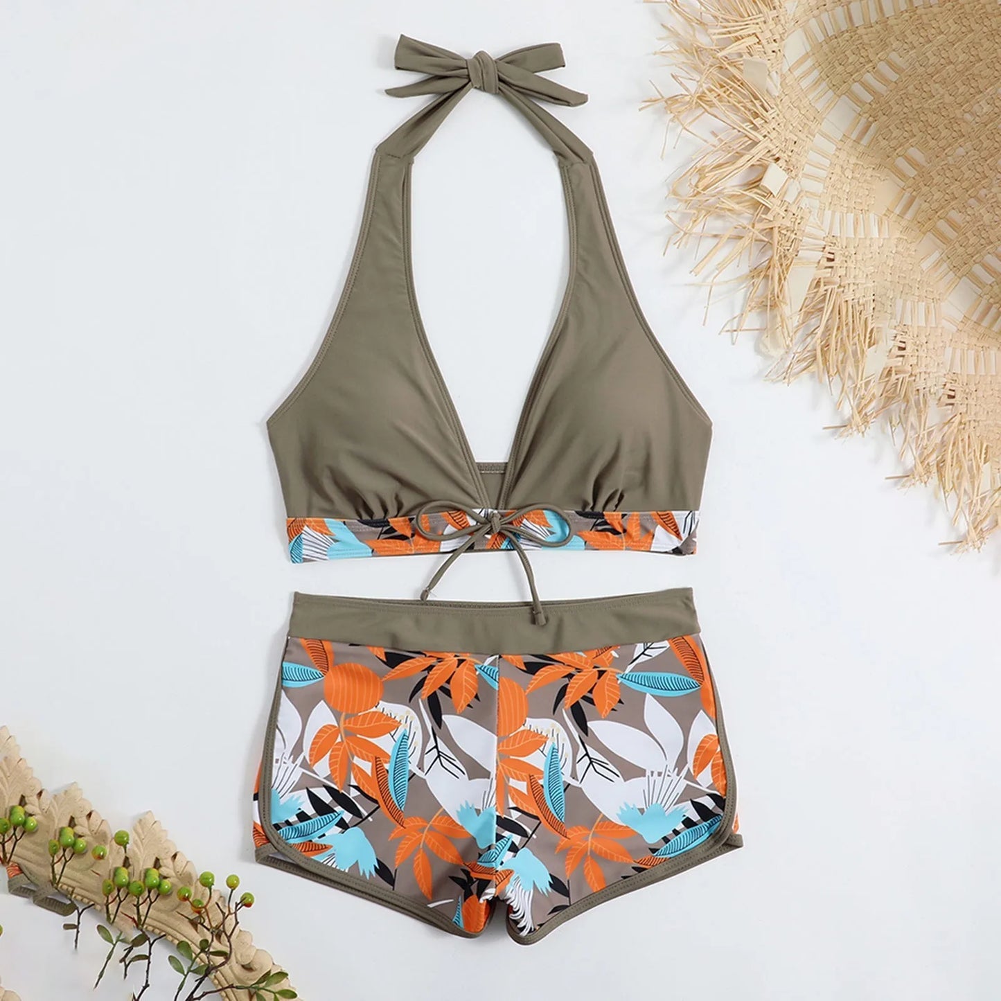 Women's Paneled Printed Swimsuit Ladies Fashion High Waist Swimsuit Two-Piece Set V-Neck Bathing Suits Female by DERILUJA LLC