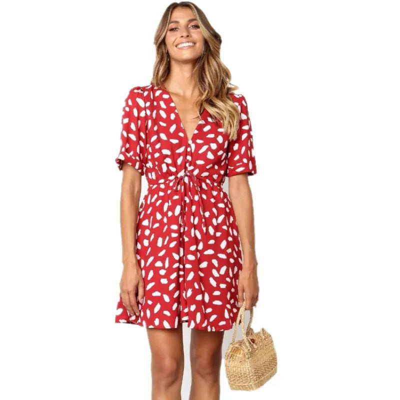 White Sand Spot Mini Summer Women V Neck Casual Beach Sundress Sexy Botton Wrap Bodycon Dress Female by DERILUJA LLC