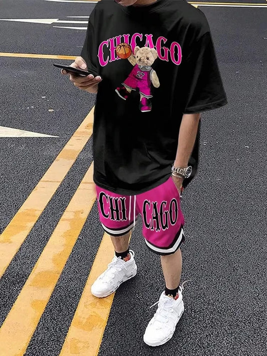 Cartoon Bear 3D Printed Men's Round Neck Short Sleeve 2-piece Set Urban Street Trendy Men's Top Outdoor Men's Drawstring Shorts by DERILUJA LLC