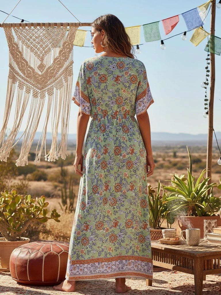 Maxi Dress Ladies V-neck Rayon Cotton Summer Boho Dresses Robe by DERILUJA LLC