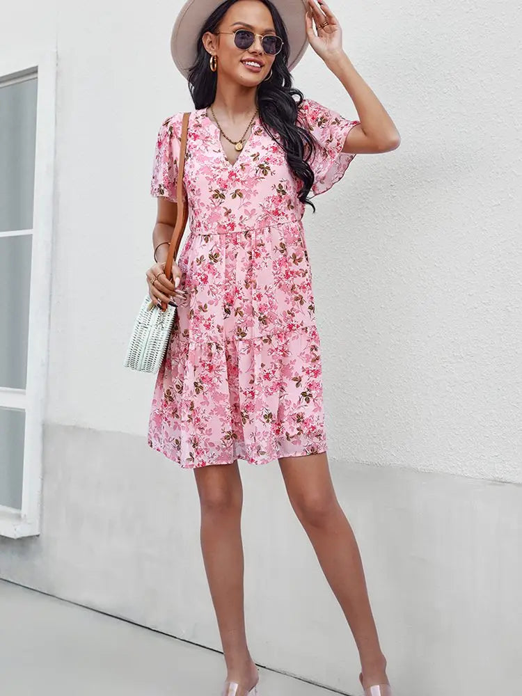 Spring Summer Fashion Women V Neck Short Sleeve Loose Chic Floral Printed Dress by DERILUJA LLC