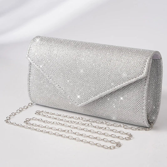 Glitter Envelope Handbag Women Silver Shiny Chain Shoulder Bag Ladies Mini Crossbody Flap Fashion Small Dress Day Clutch by DERILUJA LLC