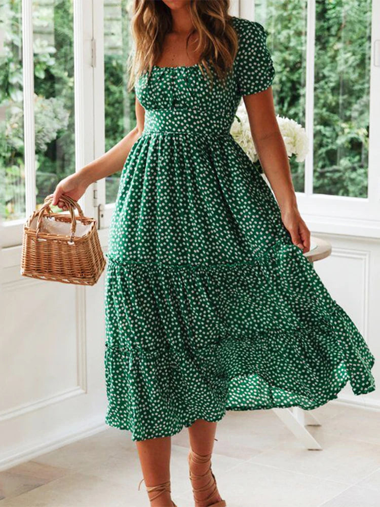 Vestidos Vintage Vintage Print Puff Sleeve summer Beach sweet dresses Casual Square collar floral maxi long dress festa by DERILUJA LLC