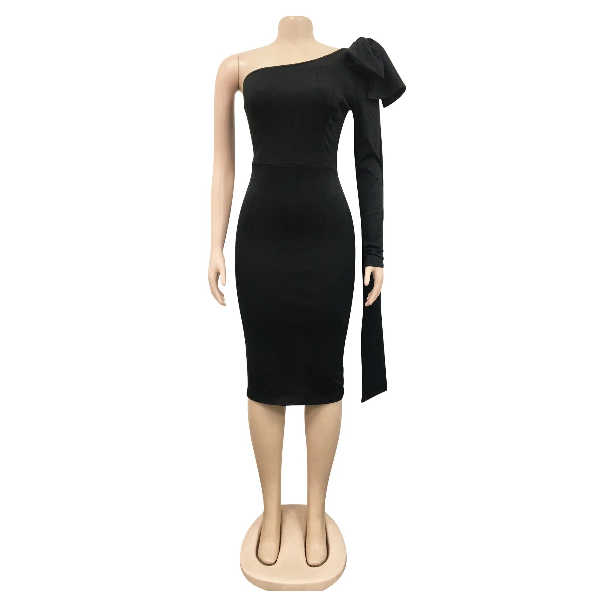 Women One Shoulder Skew Neck Bow Splicing One Long Sleeve Bodycon Midi Dress 2022 Sexy Party Prom Evenging Summer Dresses by DERILUJA LLC
