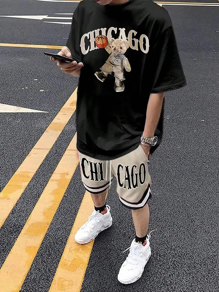 Cartoon Bear 3D Printed Men's Round Neck Short Sleeve 2-piece Set Urban Street Trendy Men's Top Outdoor Men's Drawstring Shorts by DERILUJA LLC
