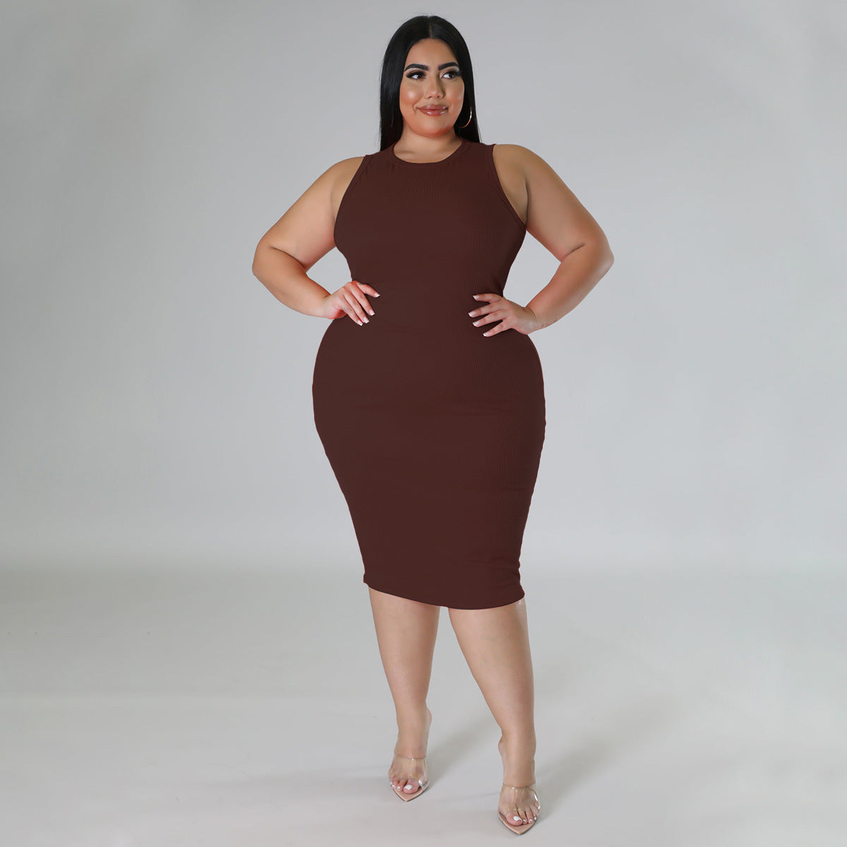 Women Plus size Fashion Sleeveless Knit Ribbed Bodycon Midi Tank Dress by DERILUJA LLC