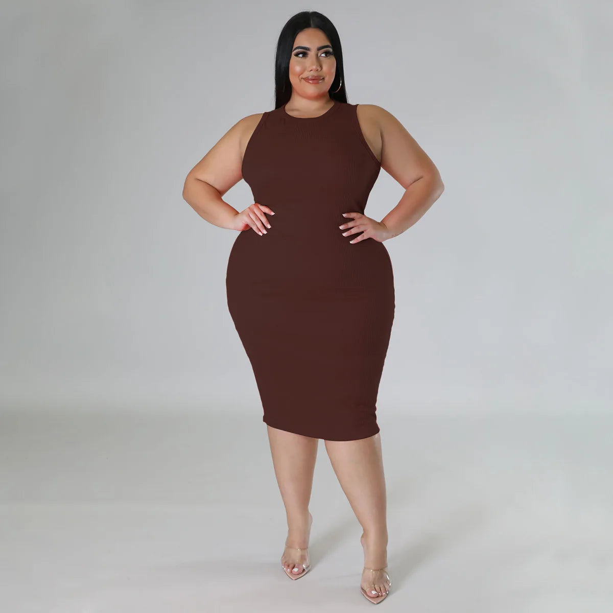 Women Plus size Fashion Sleeveless Knit Ribbed Bodycon Midi Tank Dress by DERILUJA LLC