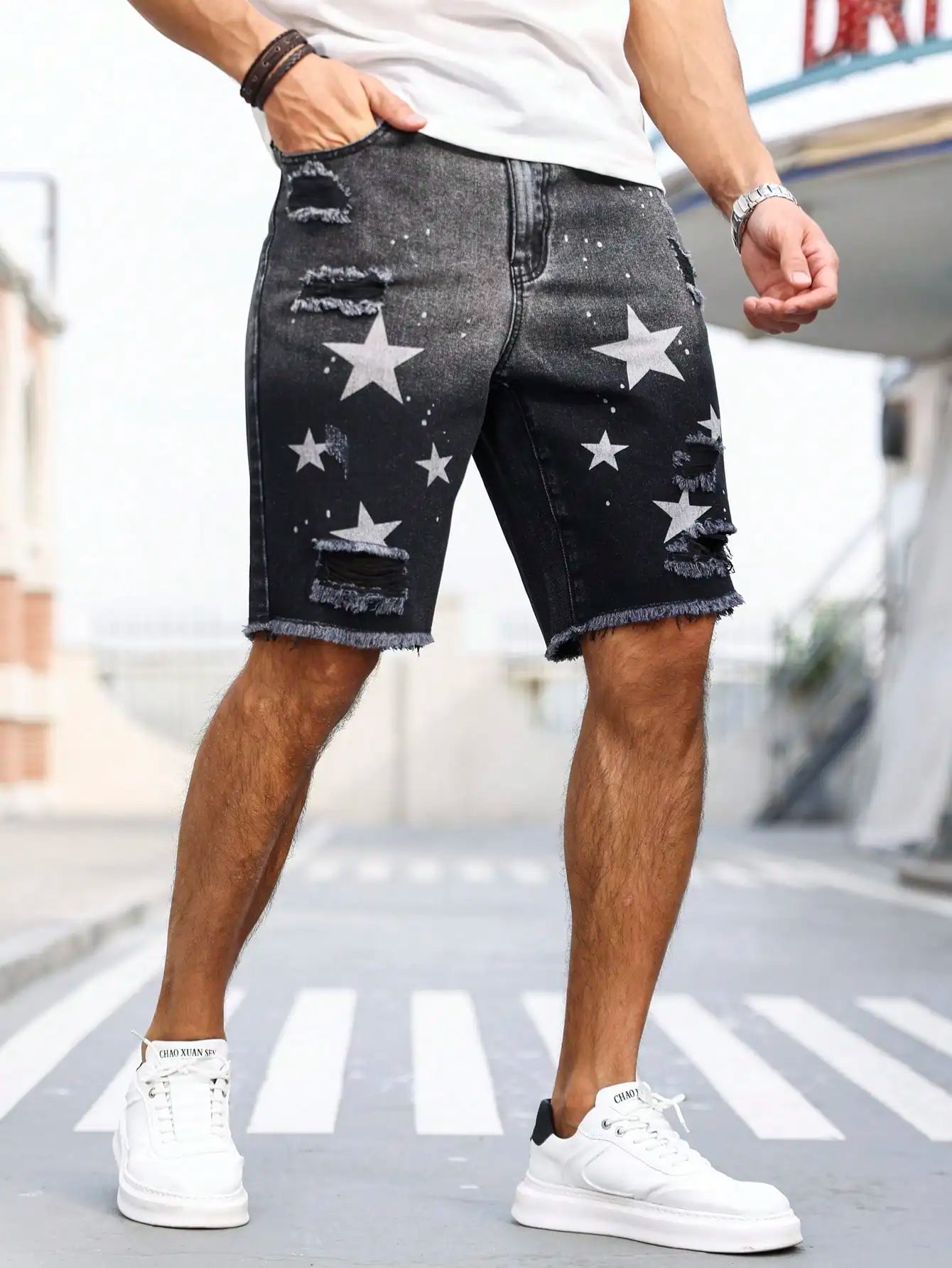Men's summer denim printed shorts. Black - grey gradient color. Ripped details. Street - style trend. by DERILUJA LLC