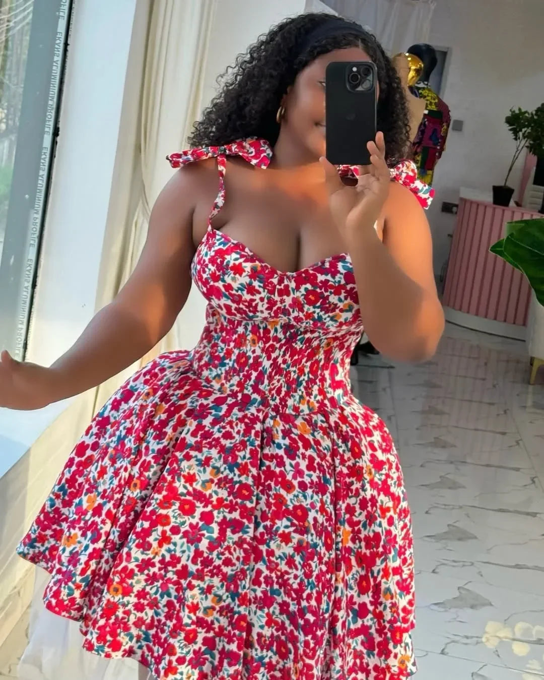 Elegant Floral Print A- Line Mini Dress with Bow Knot High Waist Slimming for Women Spring Season Fashion Casual Skirt by DERILUJA LLC
