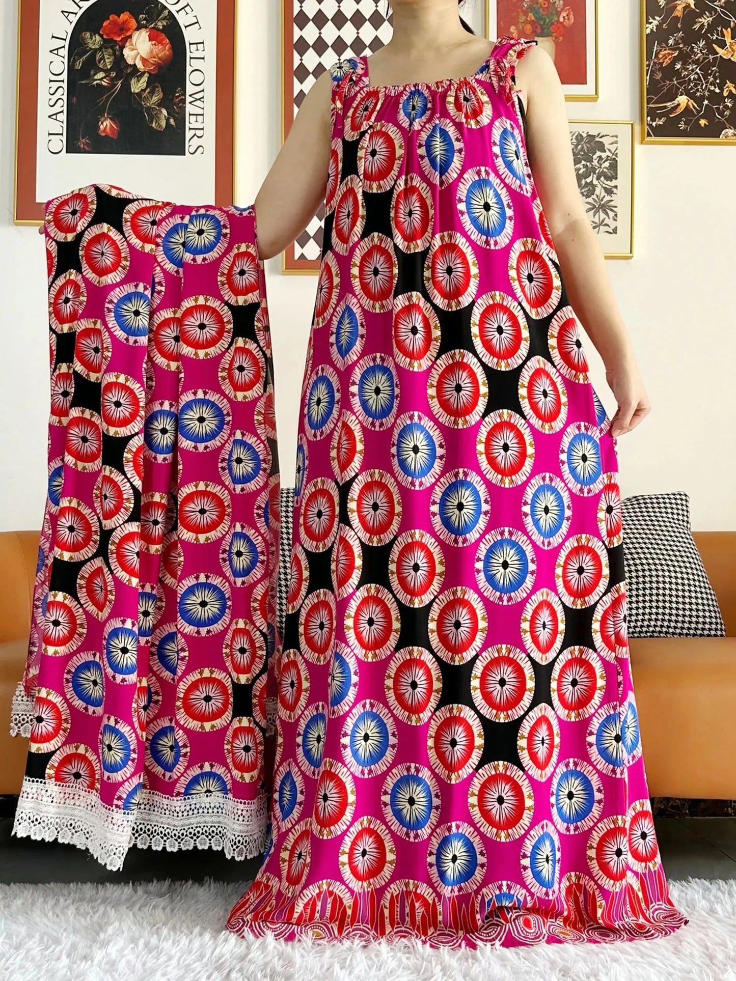 Cotton Summer Sleeveless Dress Print Floral Loose Women Casual Robe With Big Scarf by DERILUJA LLC