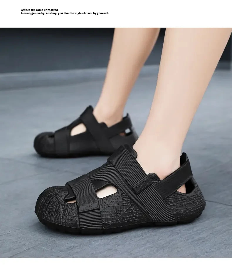 Summer Men's Outdoor Hollow Sandals Flat Bottom Non Slip Women's Garden Beach Breathable Soft Bottom Sneakers Large Sandals by DERILUJA LLC