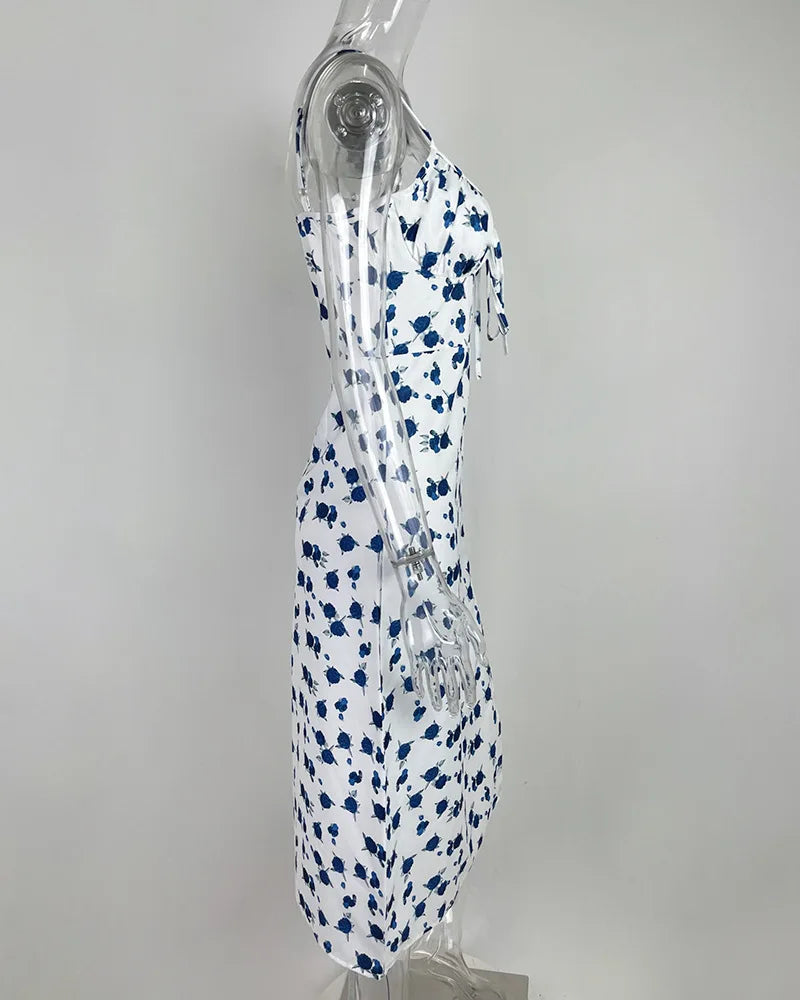 Flower Printed Spaghetti Strap Dresses For Women Low Cut Beach Party Slim Slit Dress Chic Bodycon Lady Sleeveless Vestidos by DERILUJA LLC