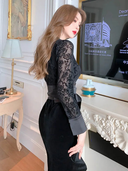 Spring Retro Elegant Dresses for Women 2023 Lace Embroidery Long Sleeve Bow Bandage Bodycon Slim Robe Lady Party Office Vestido