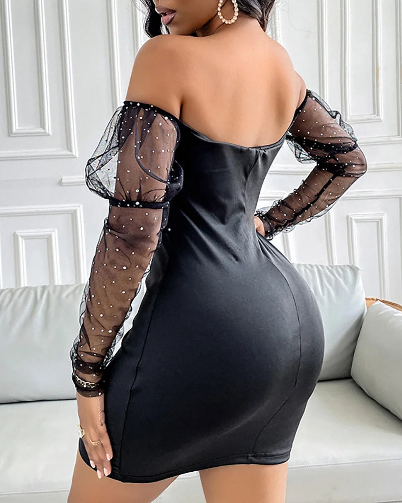 Women Strapless Mesh Splicing Long Sleeve Mini Dress Bodycon Fashion by DERILUJA LLC