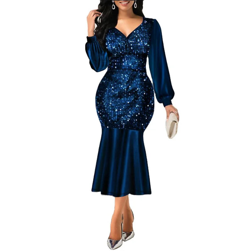 Dress for Women 2024 Sexy V Neck Sequin Evening Wedding Party Dress Elegant Shiny Long Sleeve Bodycon Mermaid Dresses Formal 5xl pour