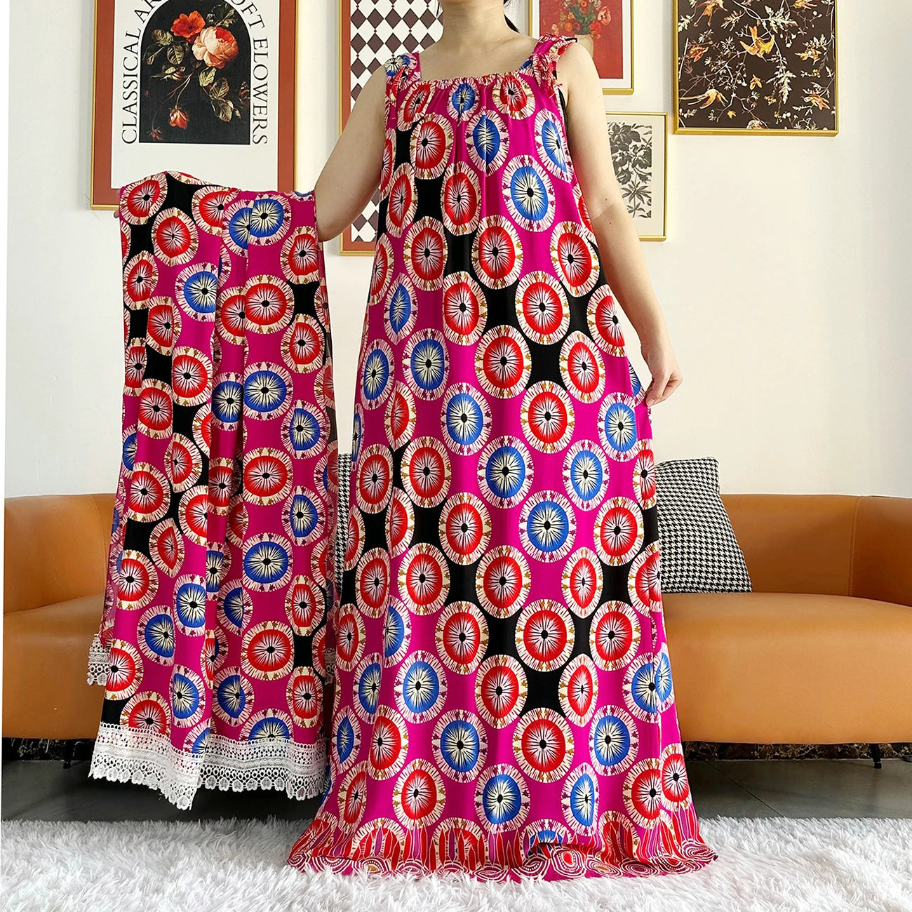 Cotton Summer Sleeveless Dress Print Floral Loose Women Casual Robe With Big Scarf by DERILUJA LLC