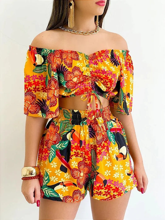 Shoulder Slash Neck T-shirt Shorts Set Office Lady Floral Print Lace Up Short Sleeve Two Piece Set Women Outfit 2026 by DERILUJA LLC